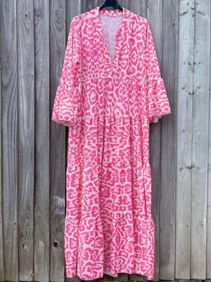 Leopard Print Mandarin Collar Deep V-Neck Long Sleeve Maxi Dress - View 2