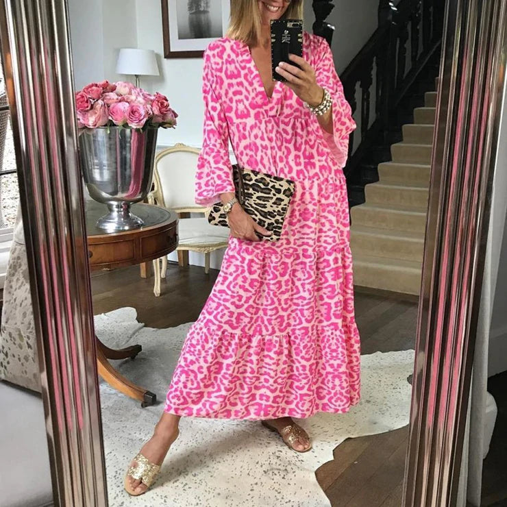 Leopard Print Mandarin Collar Deep V-Neck Long Sleeve Maxi Dress - View 6