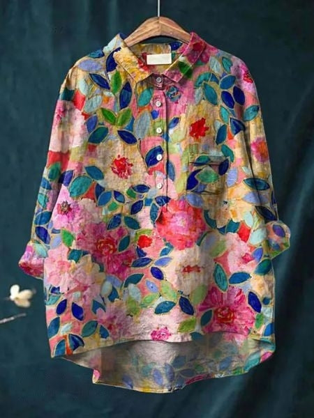 Watercolor Floral Print Long Sleeve Button Blouse 5
