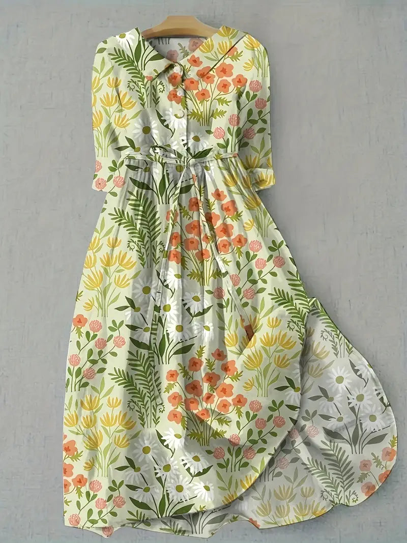 Floral Print Collared Short Sleeve Button Front Midi Dress