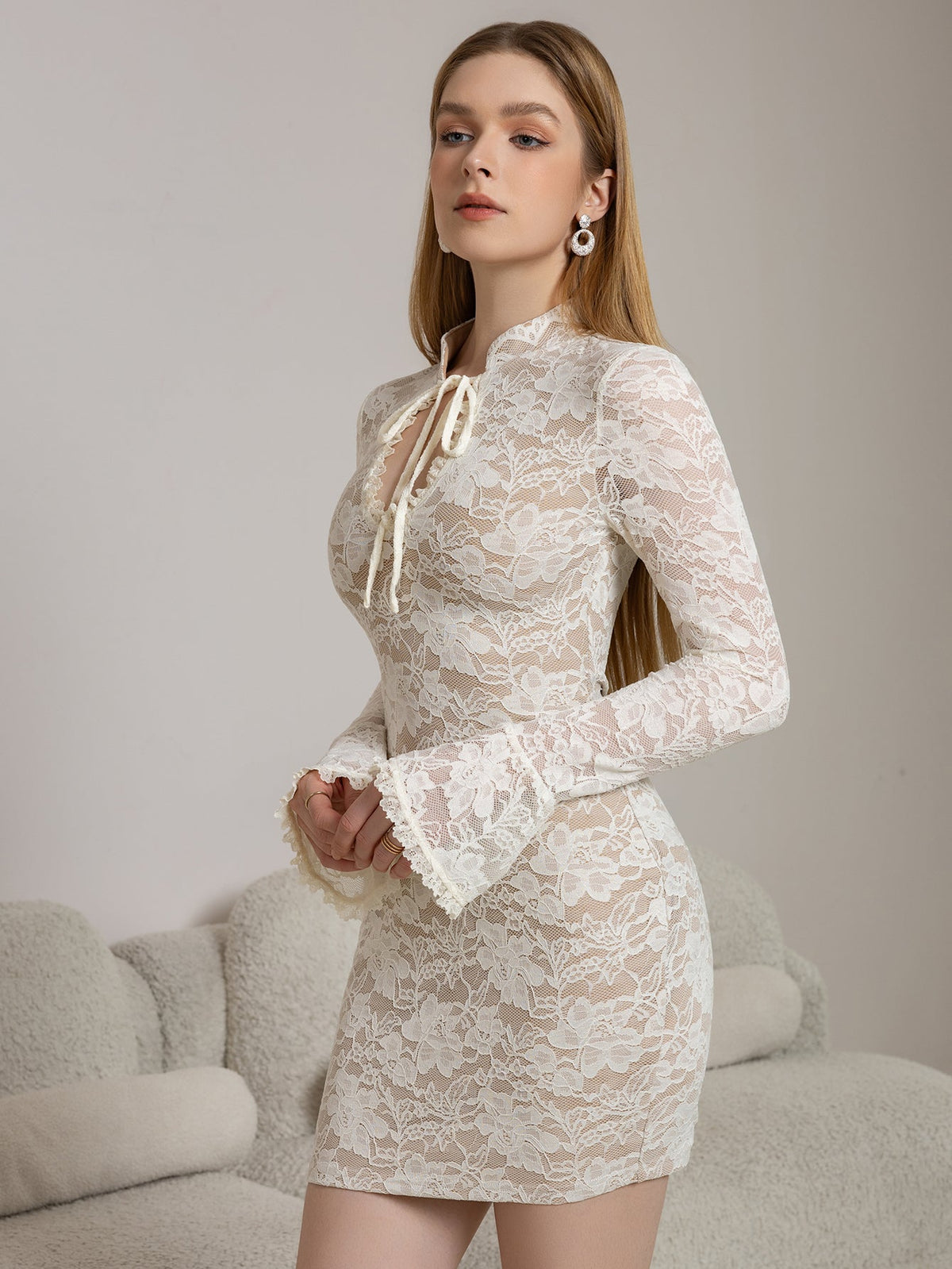 Flounce Sleeve Cut Out Tie Front Lace Mini Dress - View 4
