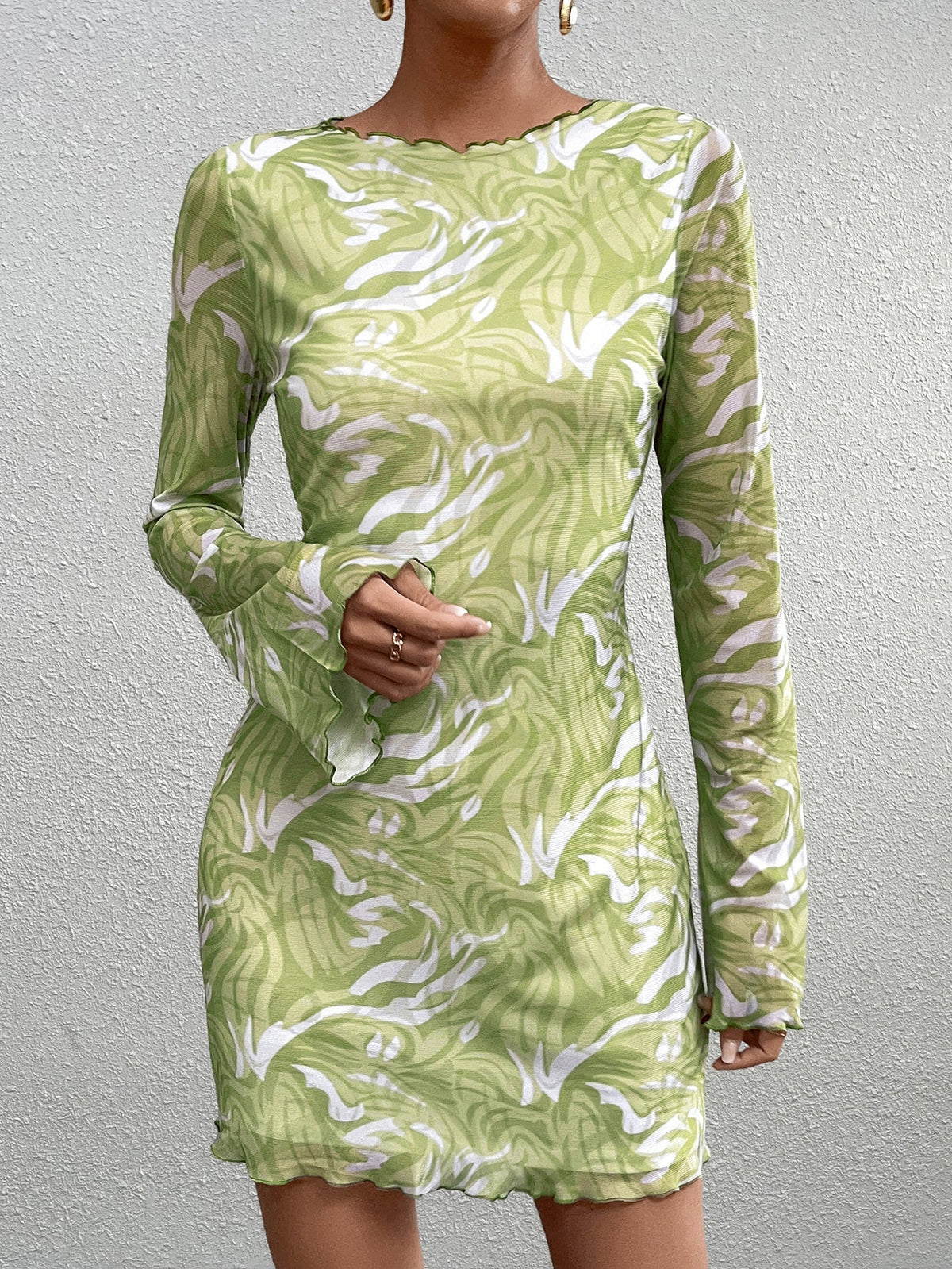 Abstract Print Mesh Boat Neck Long Sleeve Bodycon Mini Dress - View 5