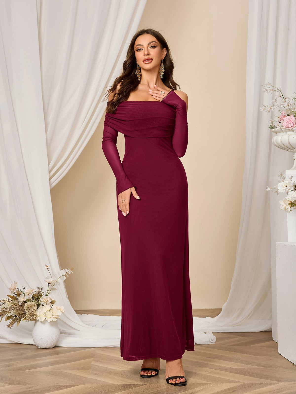 Flounce Sleeve Off Shoulder Mesh Bodycon Dress - View 14