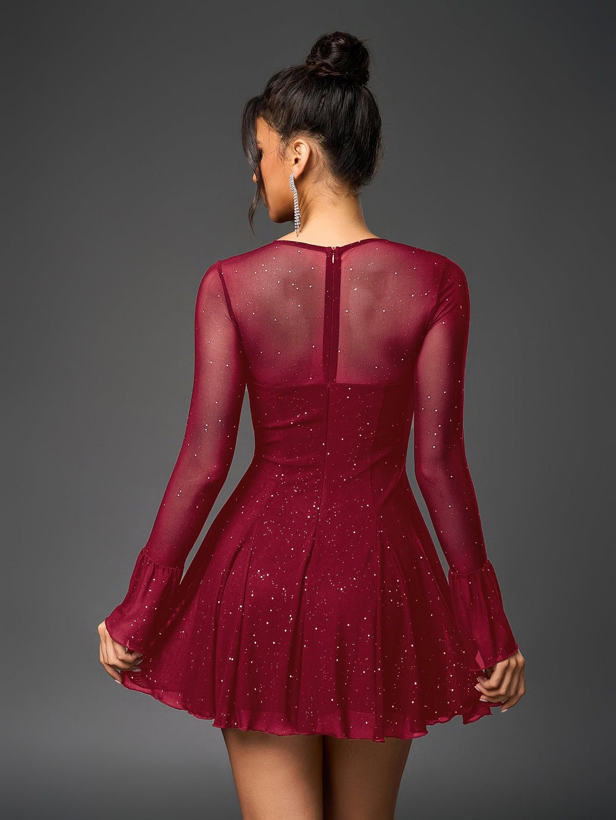 Glitter Mesh Sweetheart Tie Front Keyhole A-Line Mini Dress - View 6
