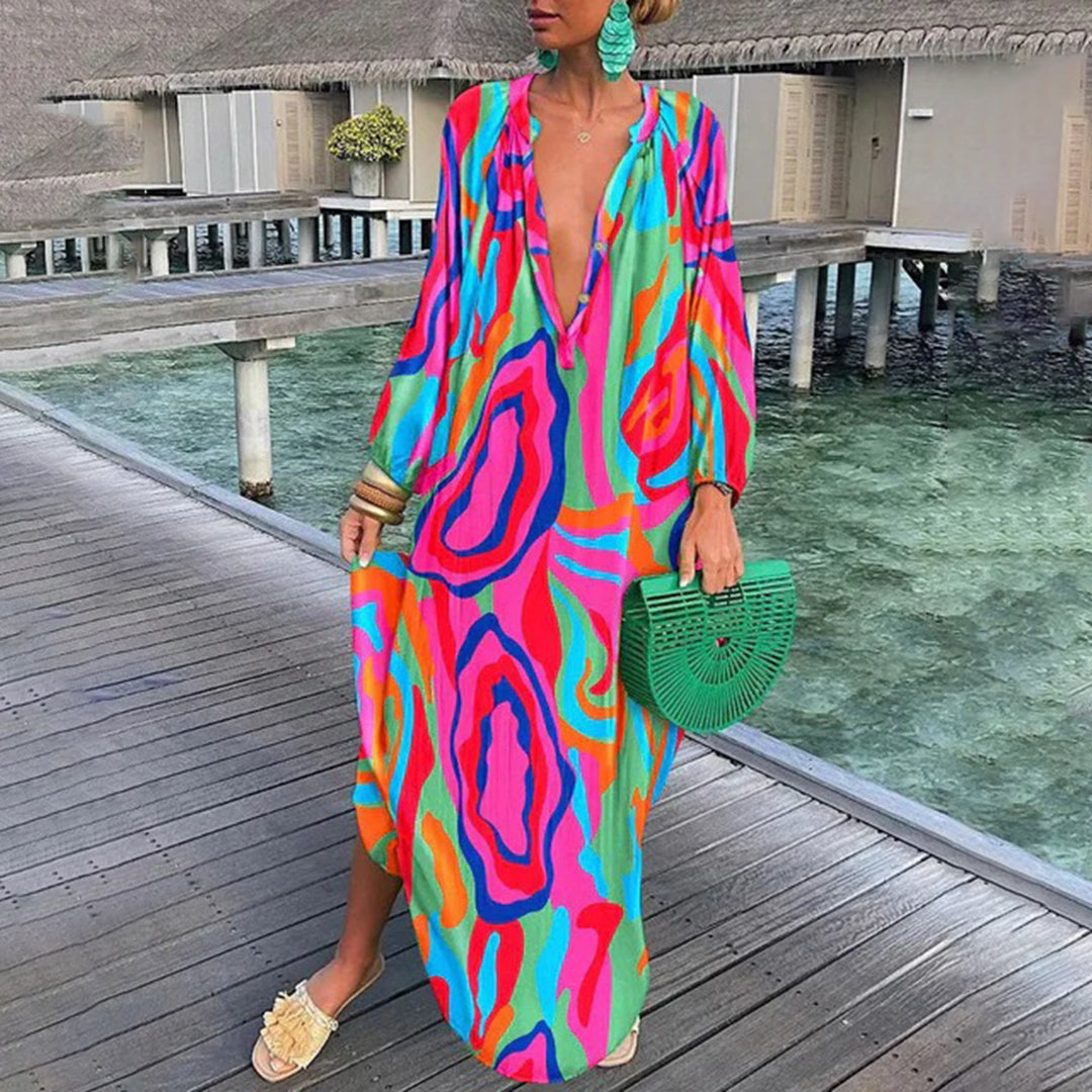 Abstract Swirl Print Deep V-Neck Balloon Sleeve Kaftan Maxi Dress - View 6