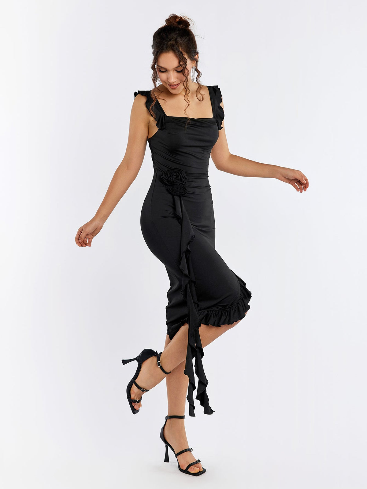 Satin Square Neck 3D Rose Ruffle Bodycon Midi Dress - View 3