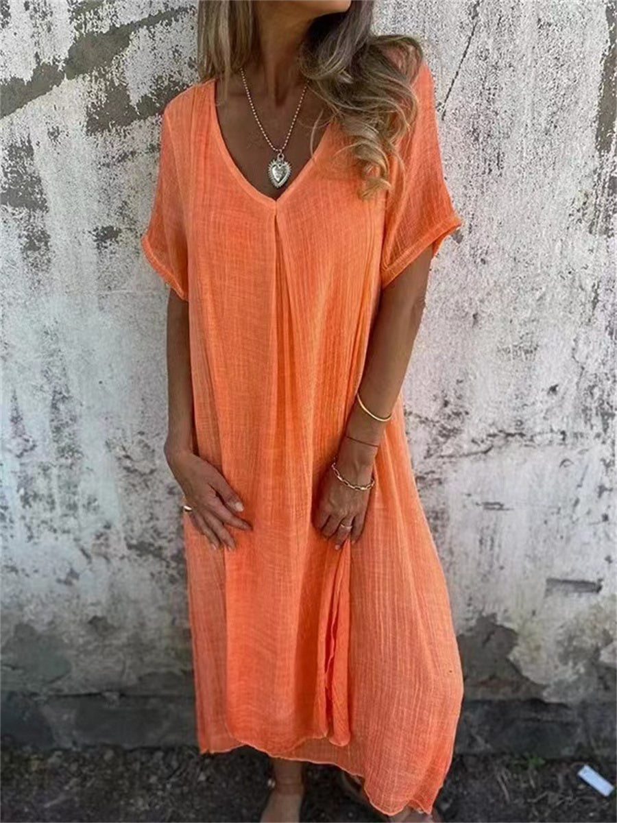 Deep V-Neck Short Sleeve Oversized Relaxed Maxi Dress - View 5
