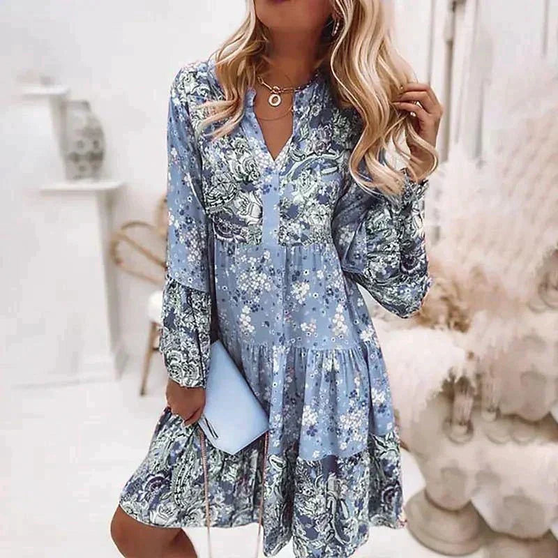 Long Sleeve V-Neck Tiered Ruffle Flounce Stand Collar Midi Dress - View 5