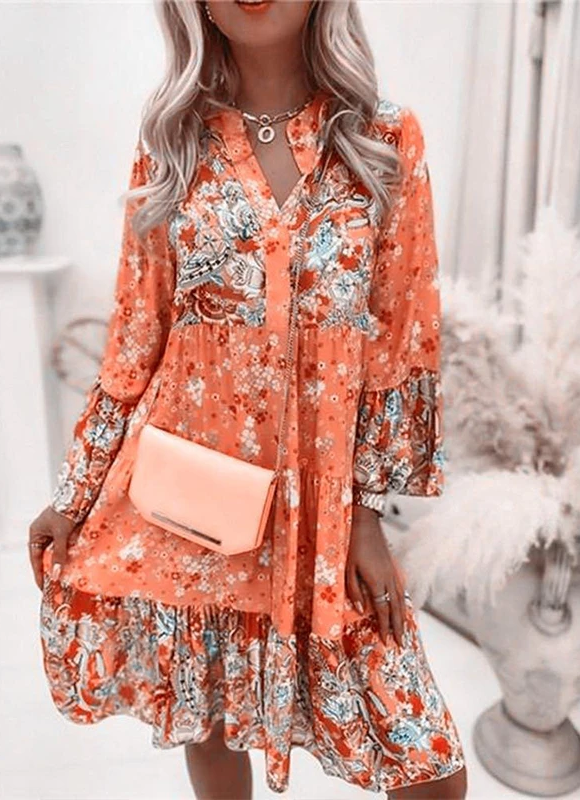 Long Sleeve V-Neck Tiered Ruffle Flounce Stand Collar Midi Dress - View 2