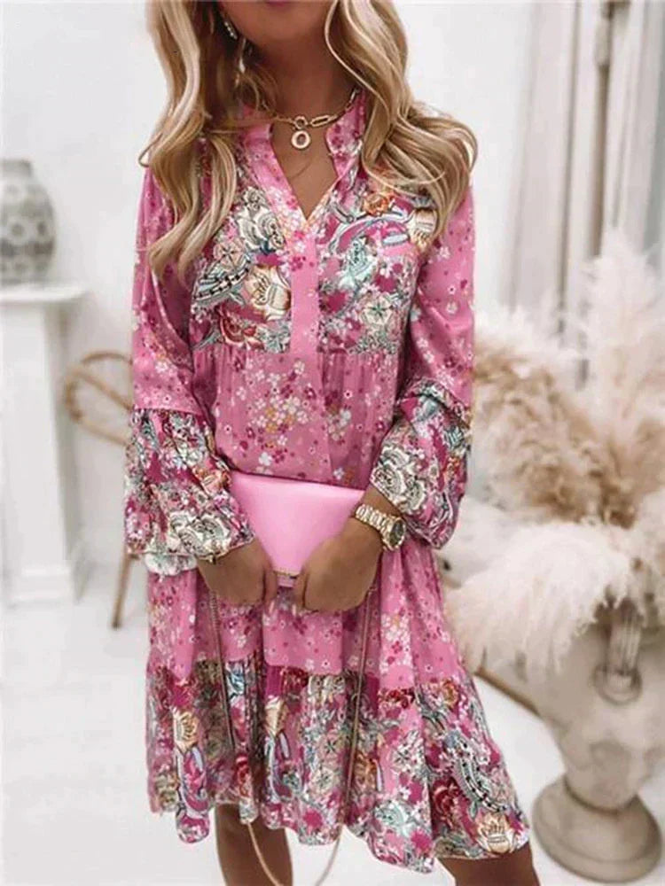 Long Sleeve V-Neck Tiered Ruffle Flounce Stand Collar Midi Dress