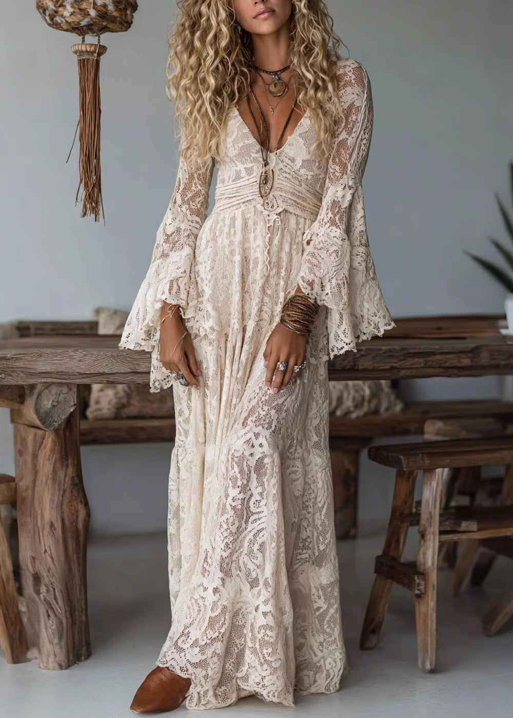 French Apricot V Neck Ruffled Lace Long Dresses - View 3