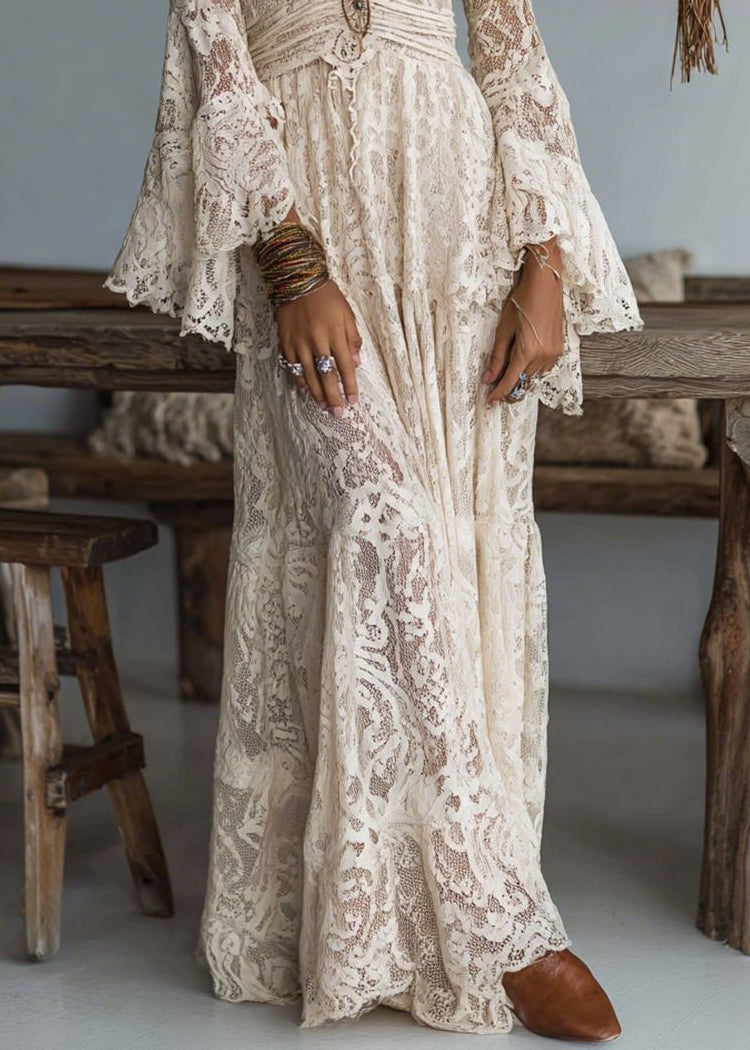 French Apricot V Neck Ruffled Lace Long Dresses - View 4
