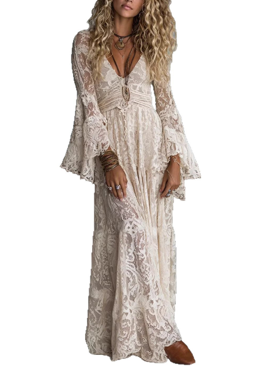 French Apricot V Neck Ruffled Lace Long Dresses - View 5