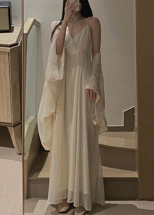 Sheer Embroidered Batwing Sleeve Macrame Fringe Set - View 2