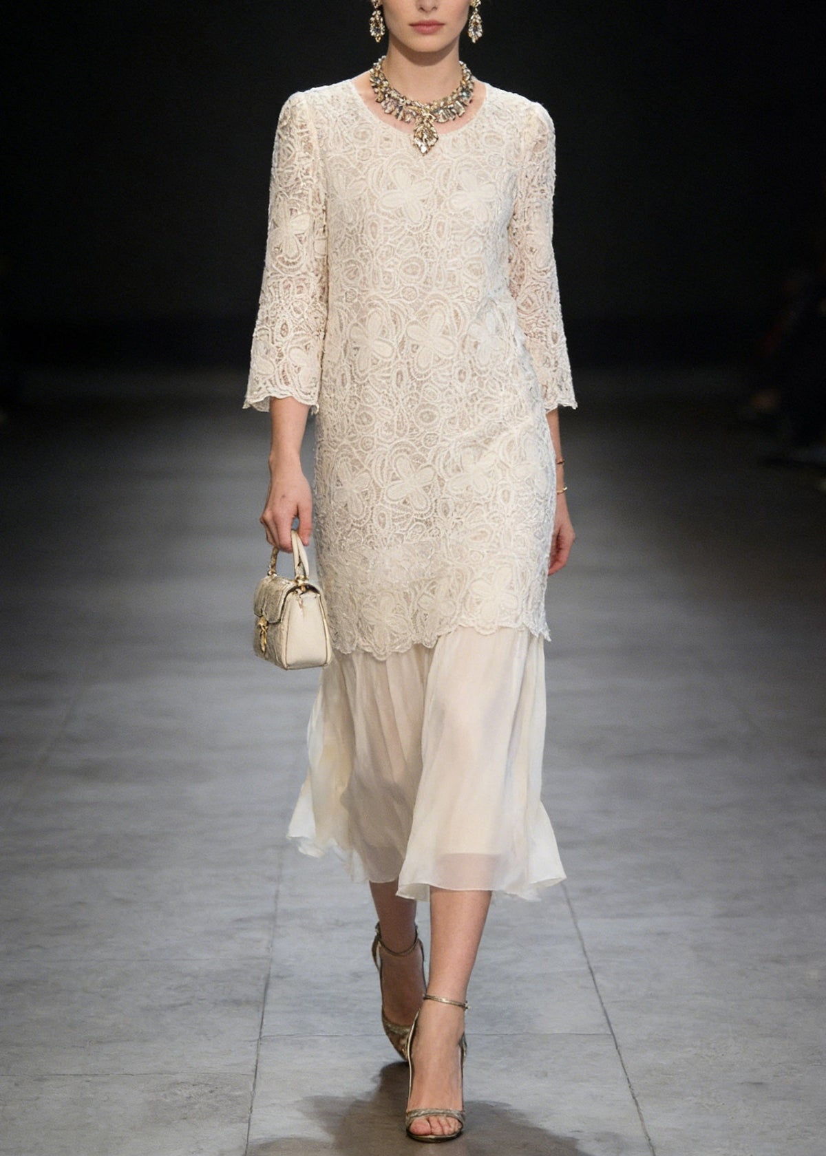 Lace Round Neck 3/4 Sleeve Layered Scalloped Overlay Midi Dress - View 5