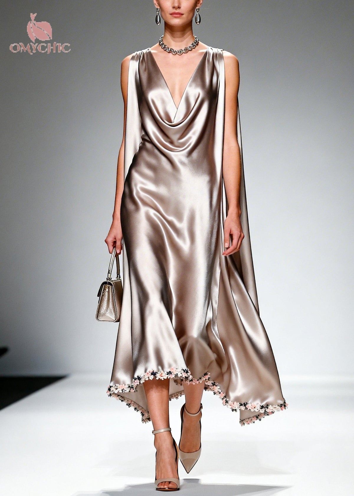 Satin Cowl Neck Cape Back Floral Applique High Low Hem Midi Gown - View 3