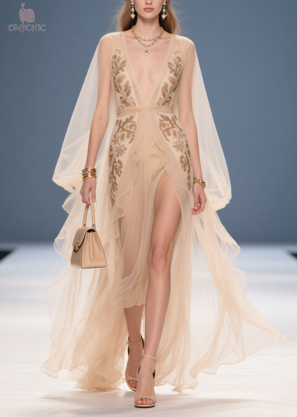 Chiffon Deep V-Neck Embroidered Cape Sleeve High Split Maxi Gown - View 5