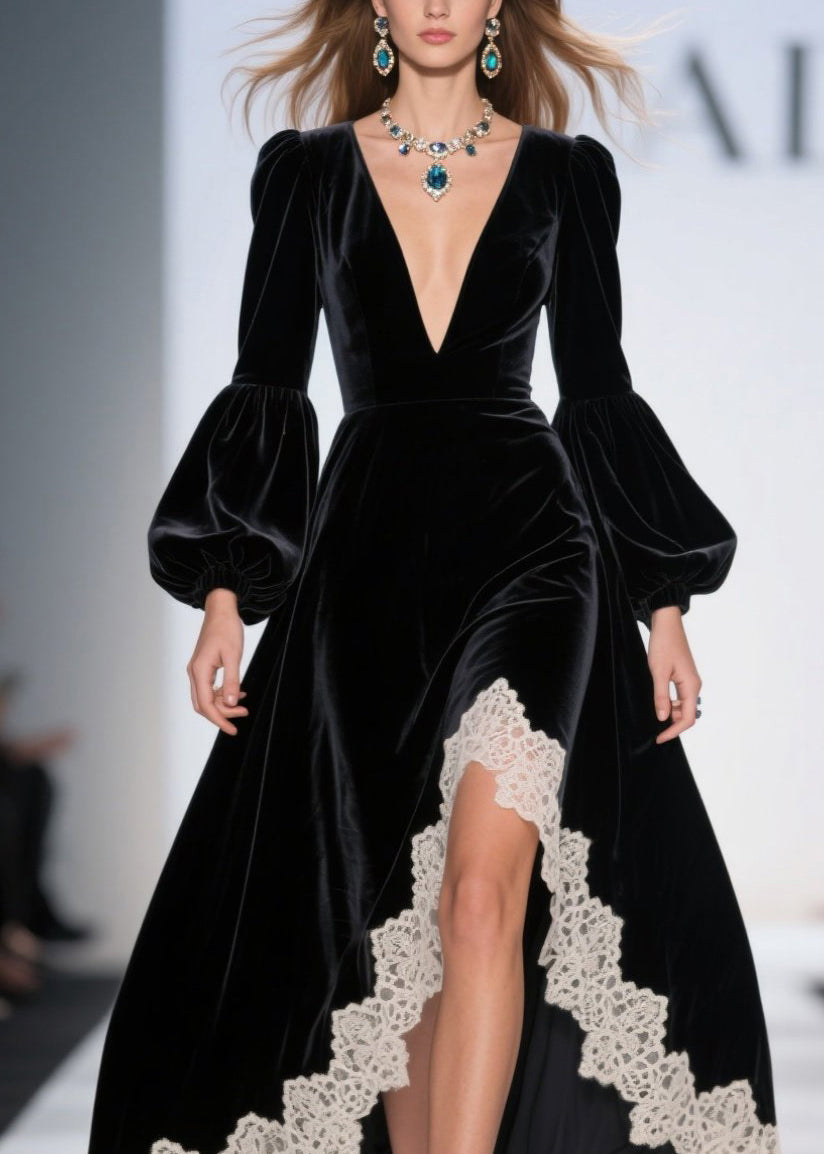 Velvet Lace Trim Deep V-Neck Puff Sleeve High Low Maxi Gown - View 2