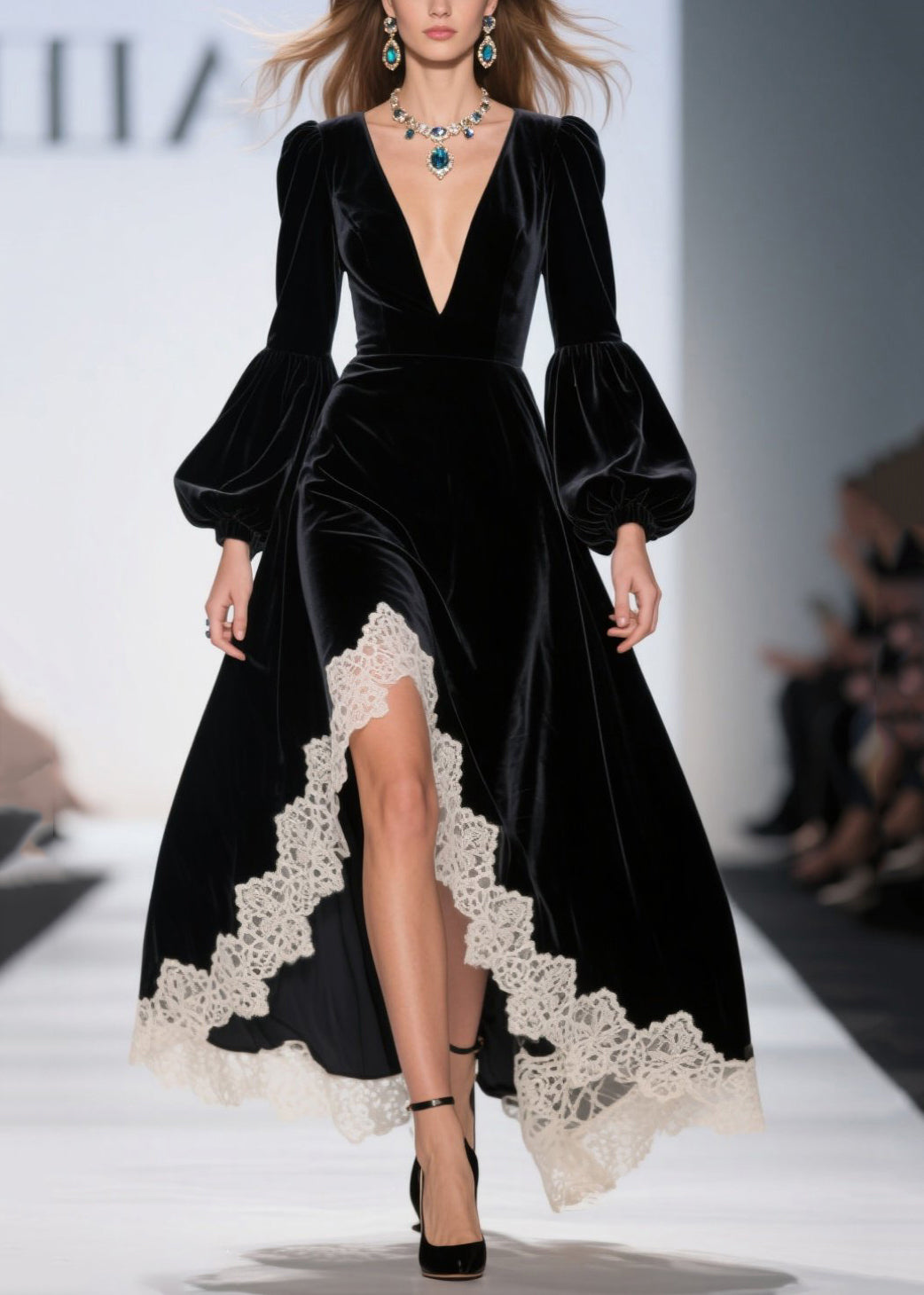 Velvet Lace Trim Deep V-Neck Puff Sleeve High Low Maxi Gown - View 3