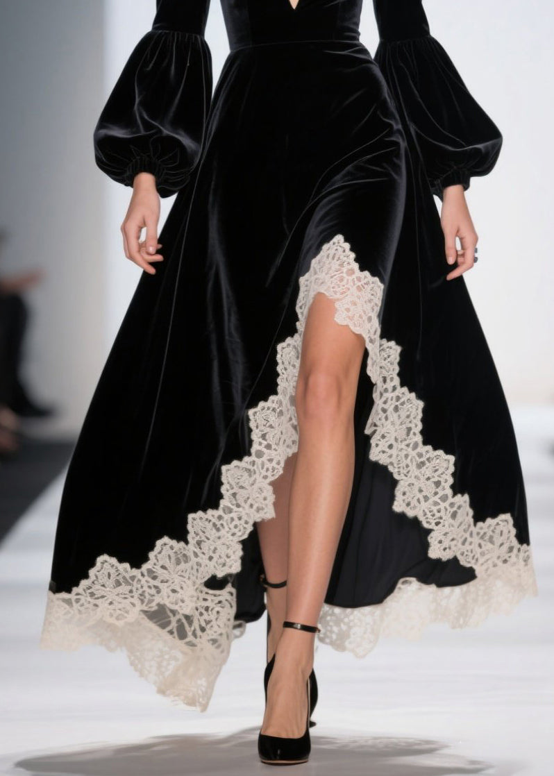 Velvet Lace Trim Deep V-Neck Puff Sleeve High Low Maxi Gown - View 4