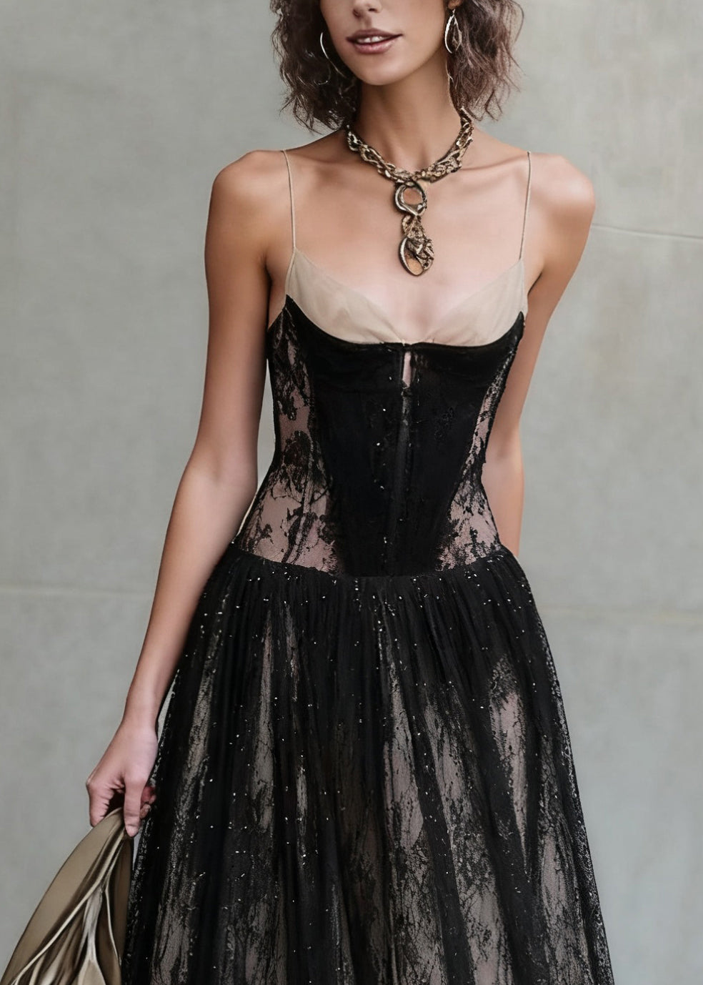 French Black Backless High Waist Patchwork Lace Dress - View 2