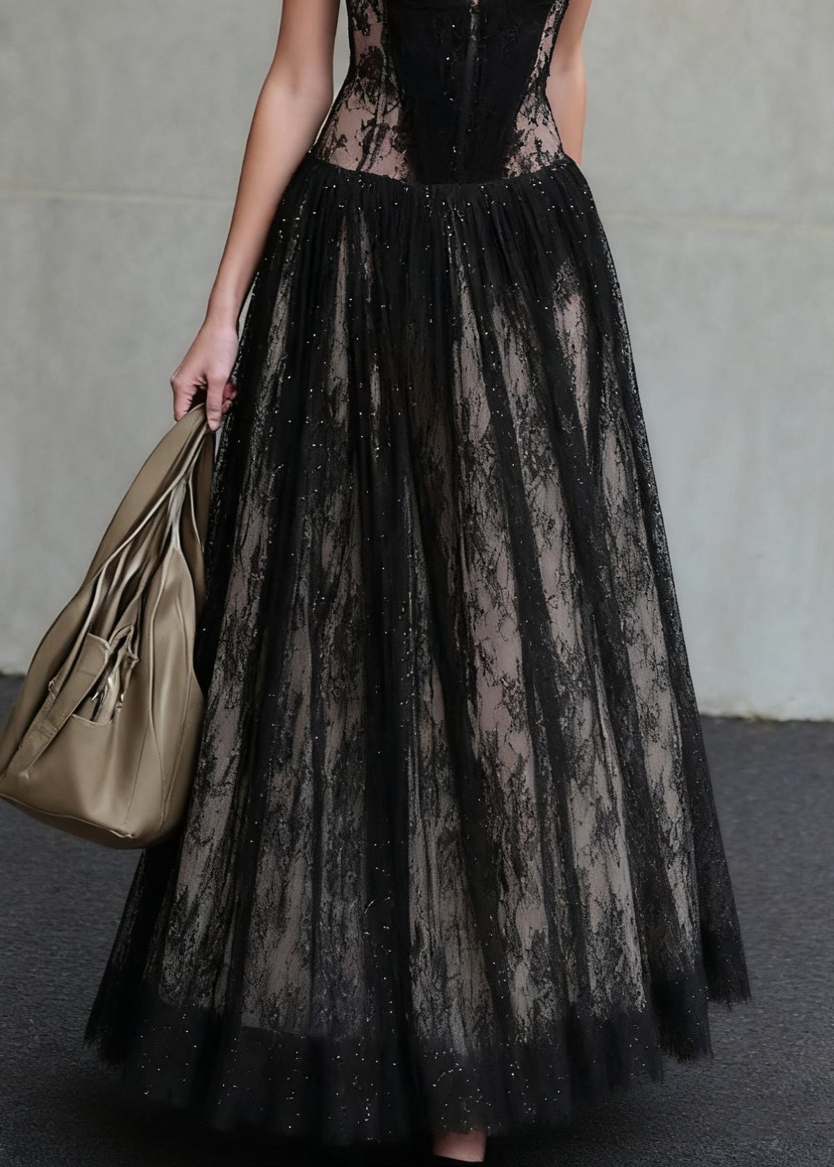 French Black Backless High Waist Patchwork Lace Dress - View 4