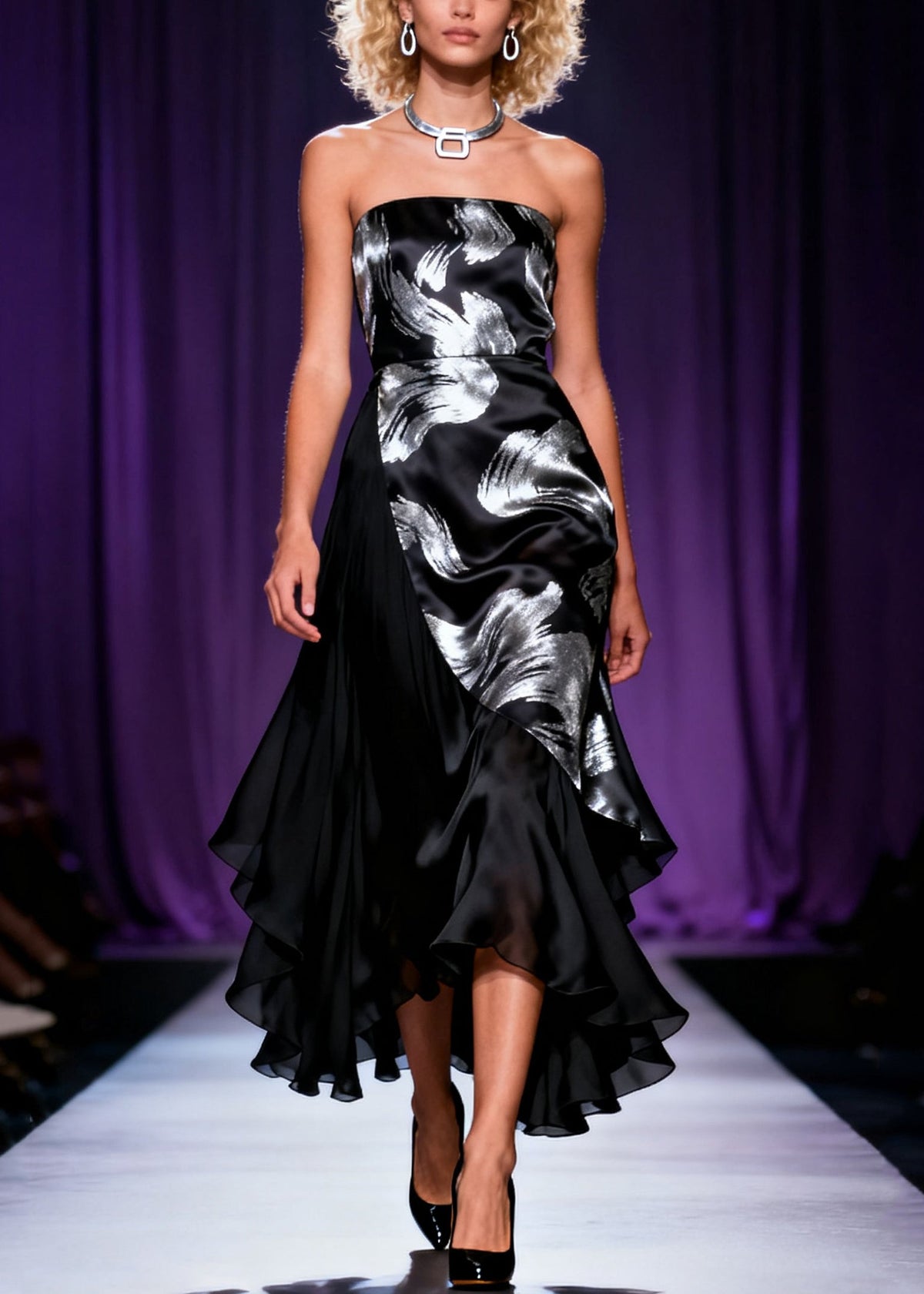 Satin Strapless Abstract Print Wrap Tiered Ruffle High Low Party Dress - View 3