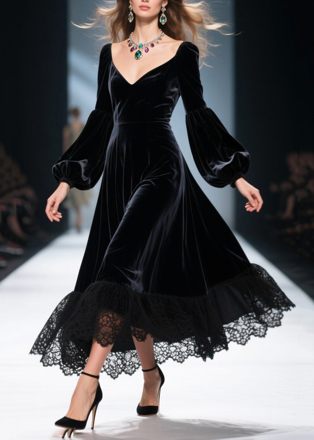 Velvet Sweetheart Neck Bishop Sleeve Lace Trim A-Line Midi Dress - View 3