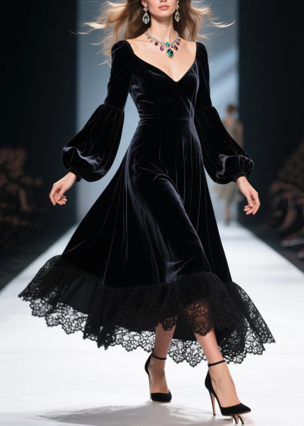 Velvet Sweetheart Neck Bishop Sleeve Lace Trim A-Line Midi Dress - View 5