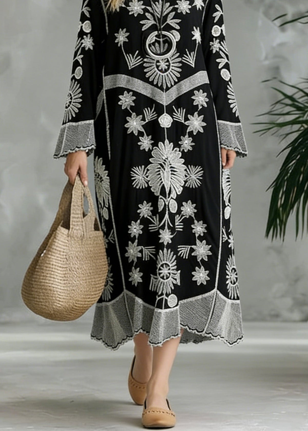 Embroidered V-Neck Long Sleeve Bell Cuff Chevron Band Flowy Maxi Dress - View 4