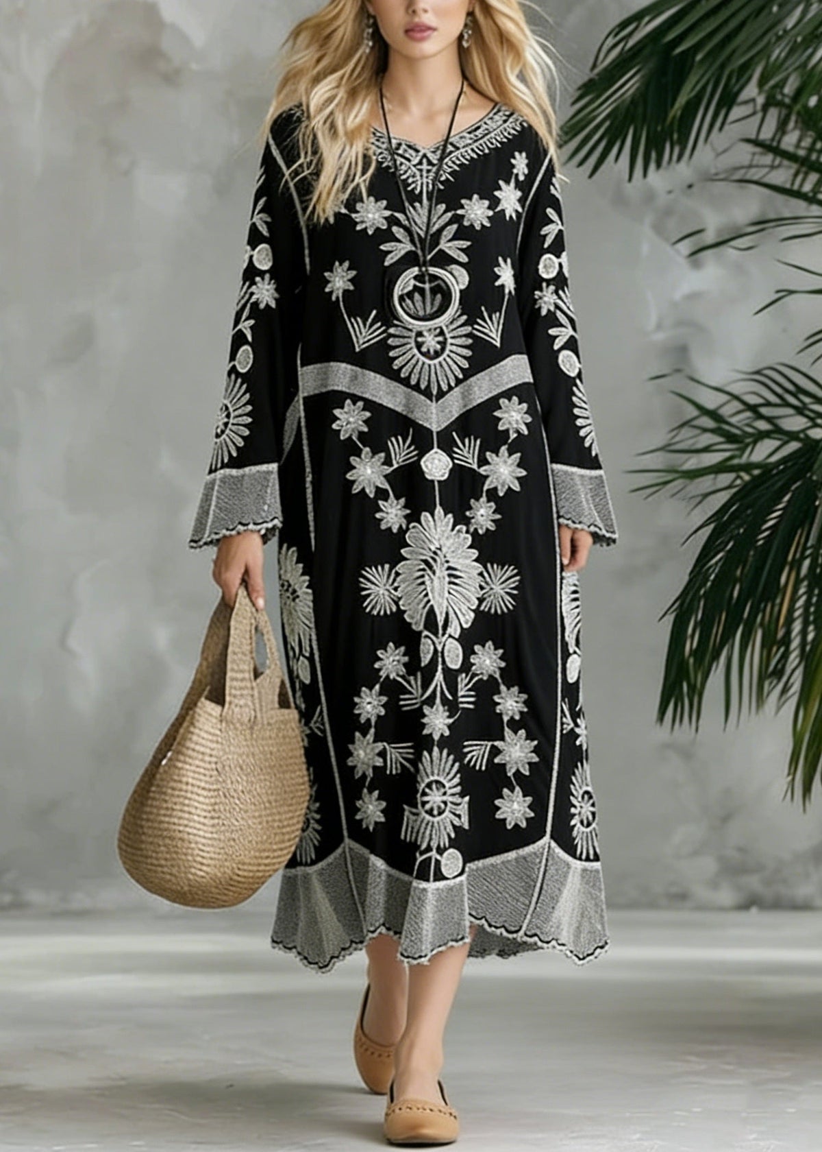 Embroidered V-Neck Long Sleeve Bell Cuff Chevron Band Flowy Maxi Dress - View 5