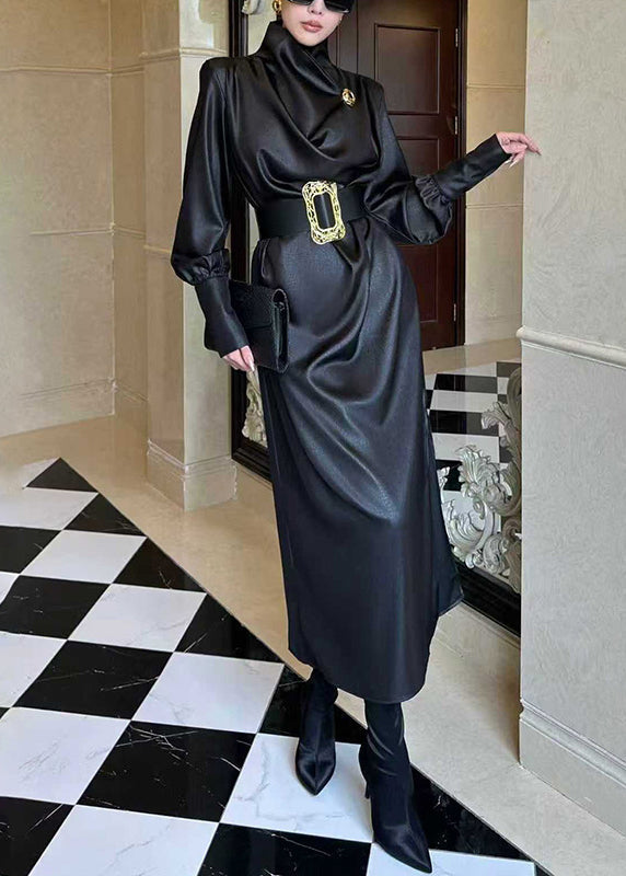 Satin Cowl Neck Structured Shoulder Wide Cuff Long Sleeve Maxi Dress