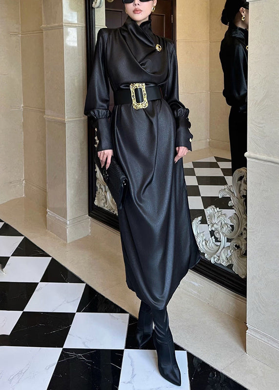 Satin Cowl Neck Structured Shoulder Wide Cuff Long Sleeve Maxi Dress - View 2