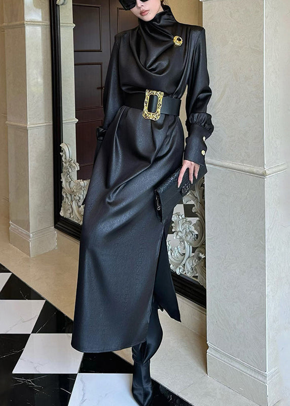 Satin Cowl Neck Structured Shoulder Wide Cuff Long Sleeve Maxi Dress - View 4