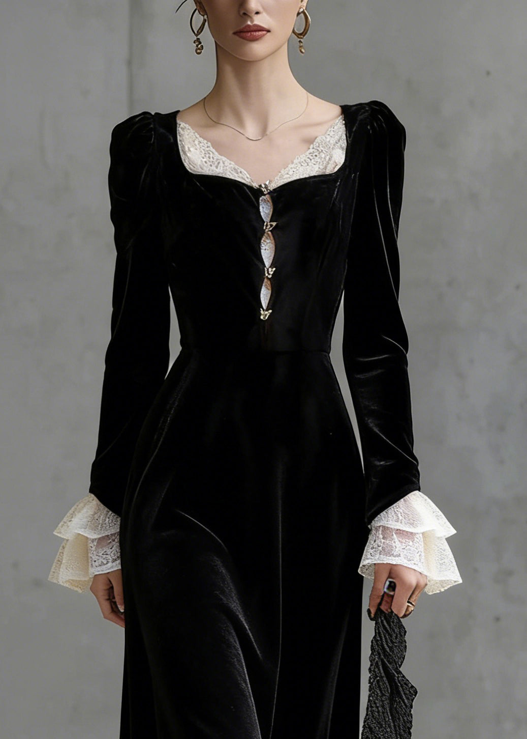 Square Neck Lace Panel Flared Cuff Long Sleeve Velvet Maxi Dress - View 2