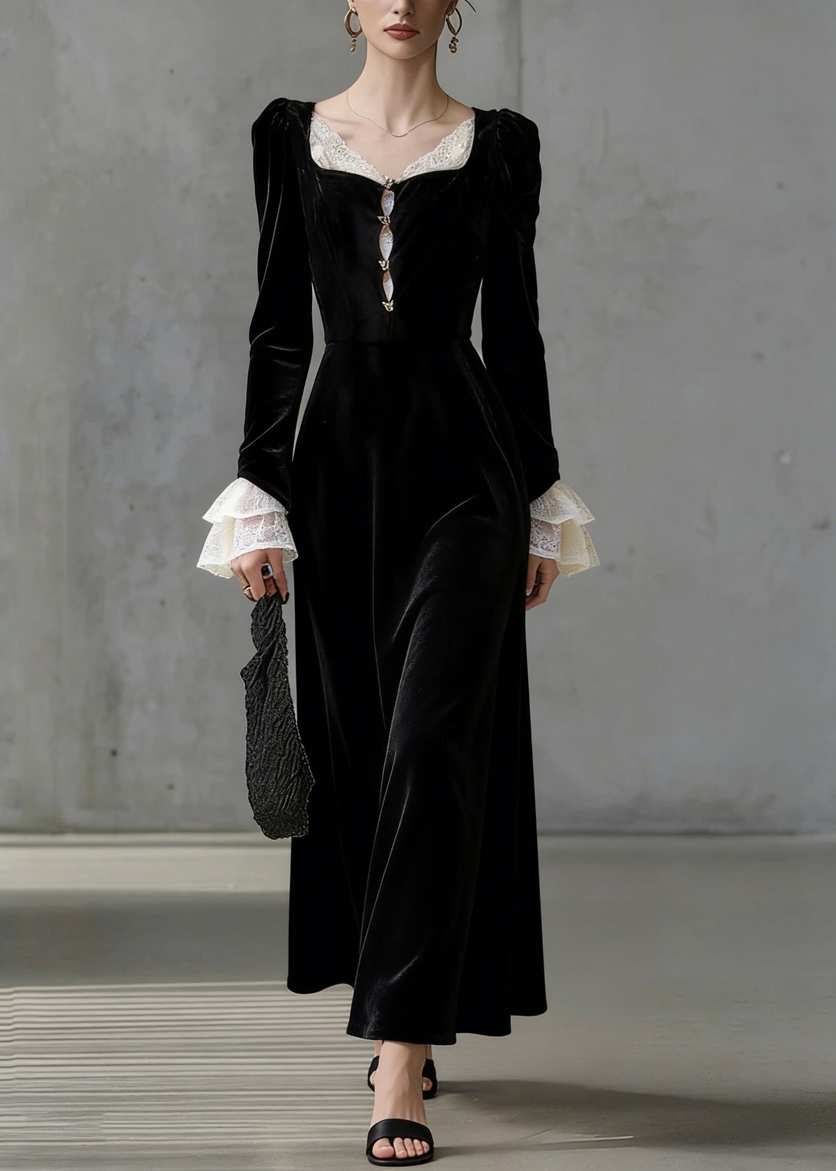 Square Neck Lace Panel Flared Cuff Long Sleeve Velvet Maxi Dress - View 3