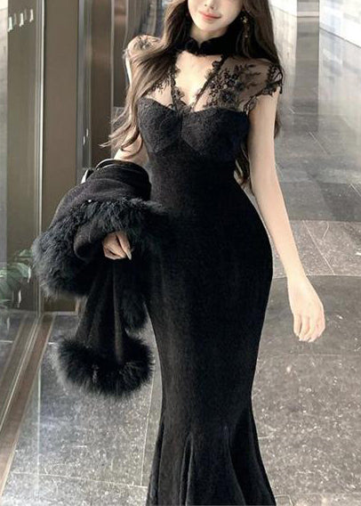 Lace Mock Neck Sleeveless Mermaid Lace Panel Trumpet Maxi Gown - View 3