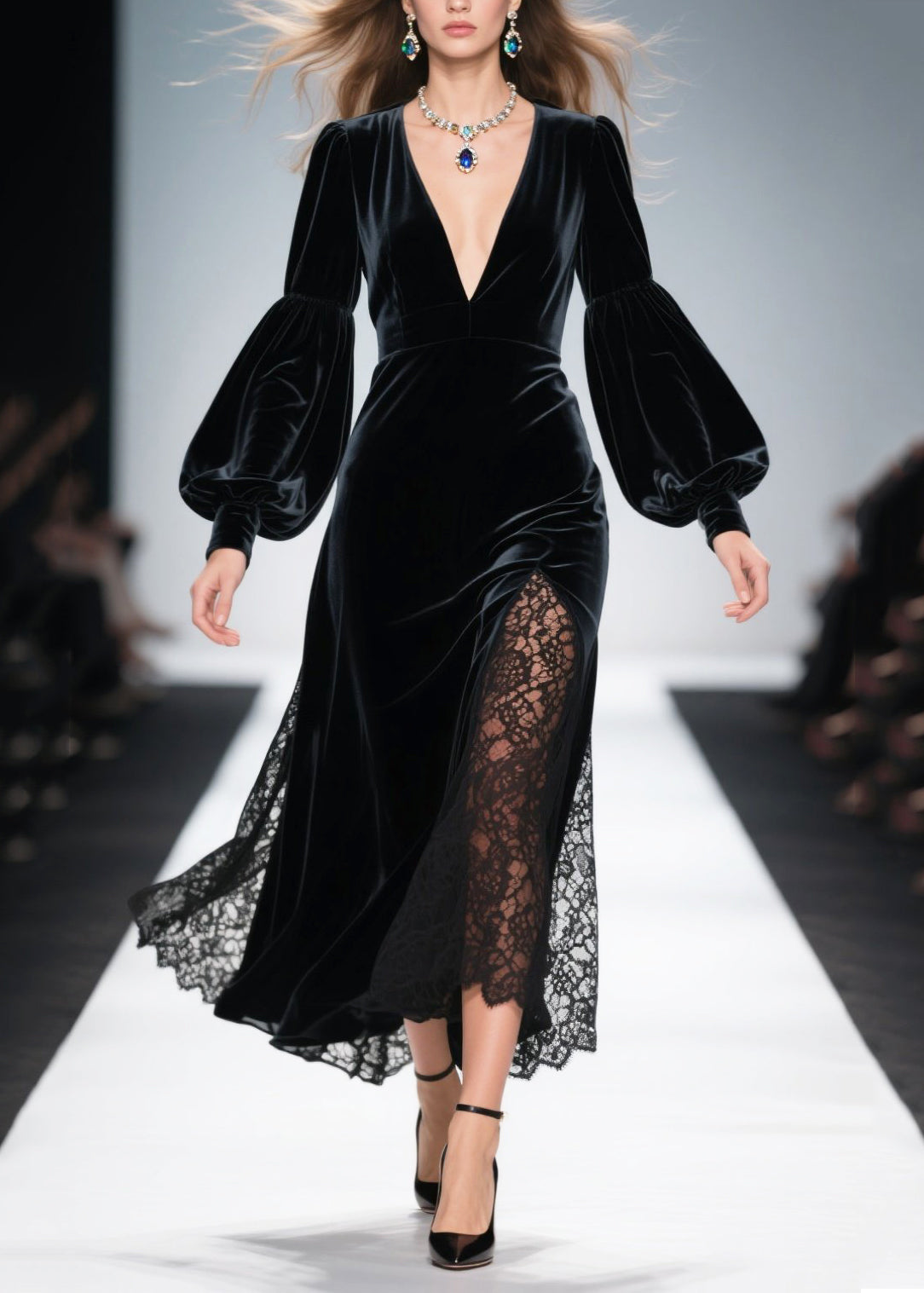 Velvet Deep V-Neck Bishop Sleeve Lace Underlay High Split Maxi Gown