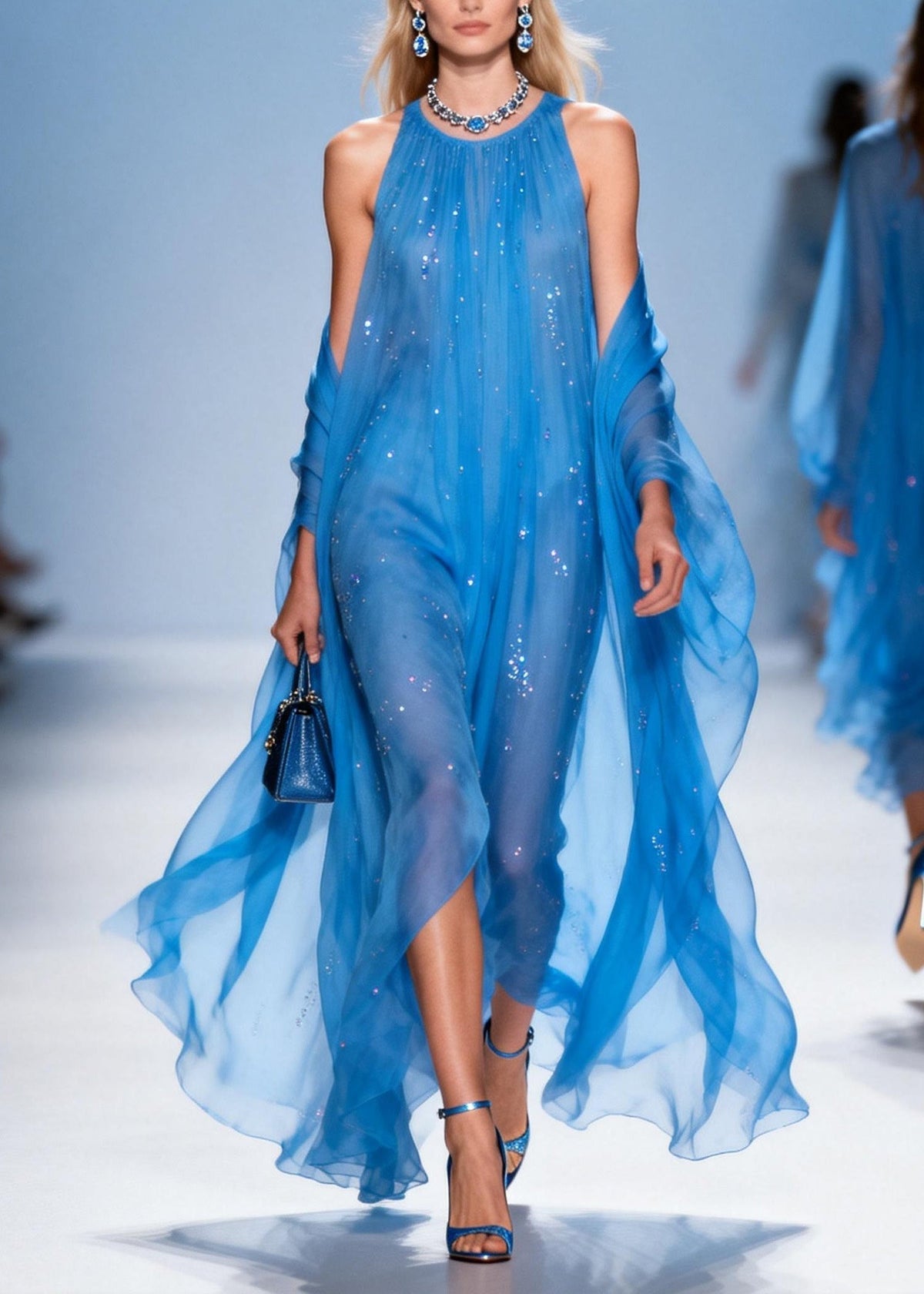 Sequin Scatter Halter Neck Sheer Chiffon Maxi Gown With Wrap - View 5