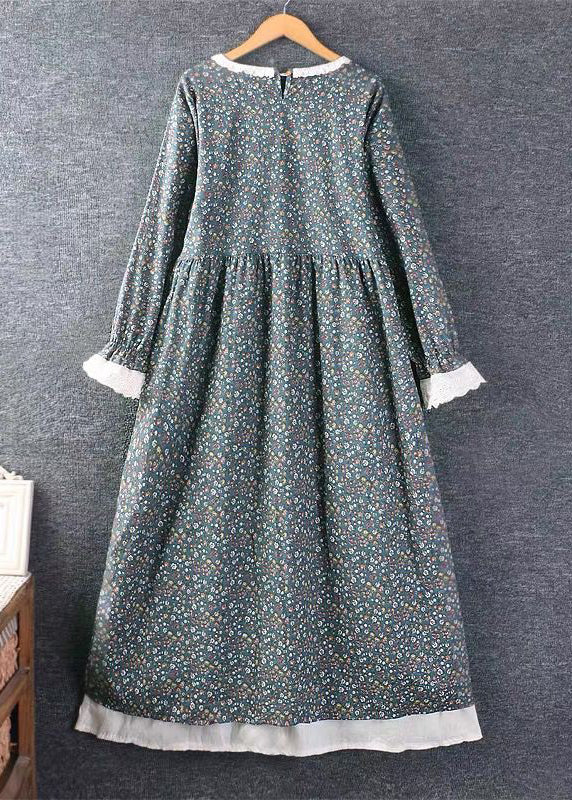 French Blue Print Side Open Lace Up Cotton Dress Long Sleeve - View 4