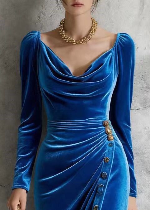 Velvet Cowl Neck Puff Sleeve Ruched Button Wrap Midi Dress - View 2
