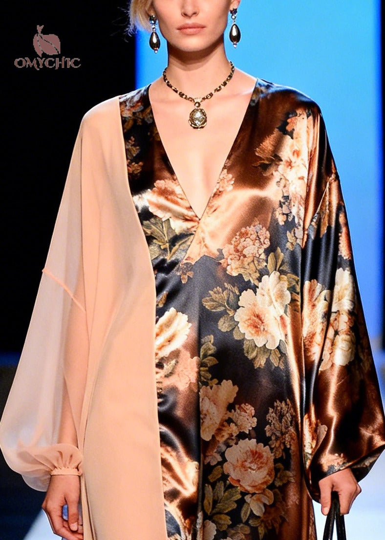 Asymmetrical Floral Print Chiffon Panel Deep V-Neck Maxi Gown - View 2