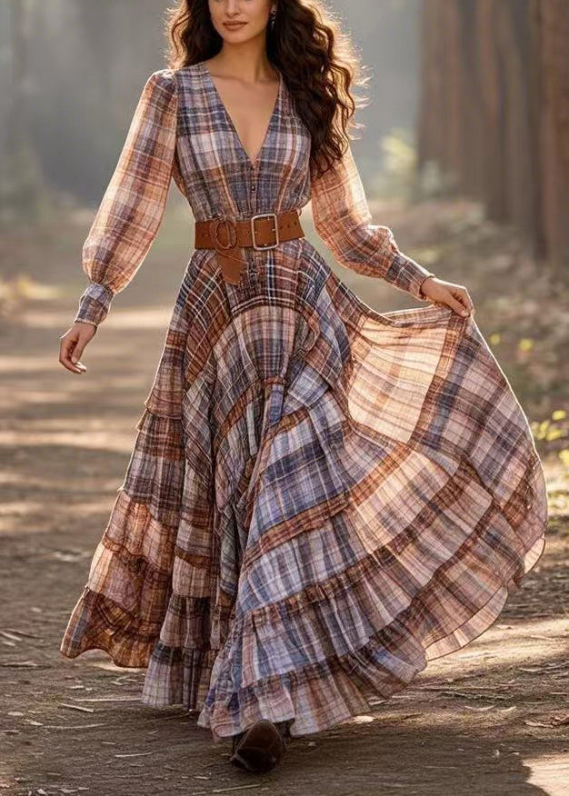 Plaid Deep V-Neck Bishop Sleeve Belted Tiered Maxi Dress - View 3