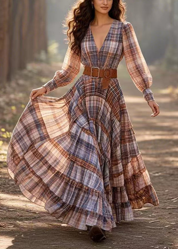 Plaid Deep V-Neck Bishop Sleeve Belted Tiered Maxi Dress - View 5