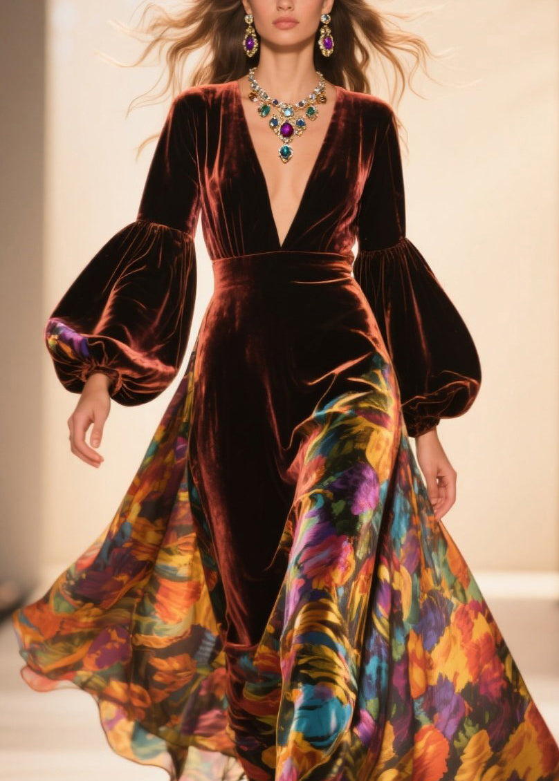 Velvet Floral Bishop Sleeve Deep V-Neck Sheer Panel Maxi Gown - View 2