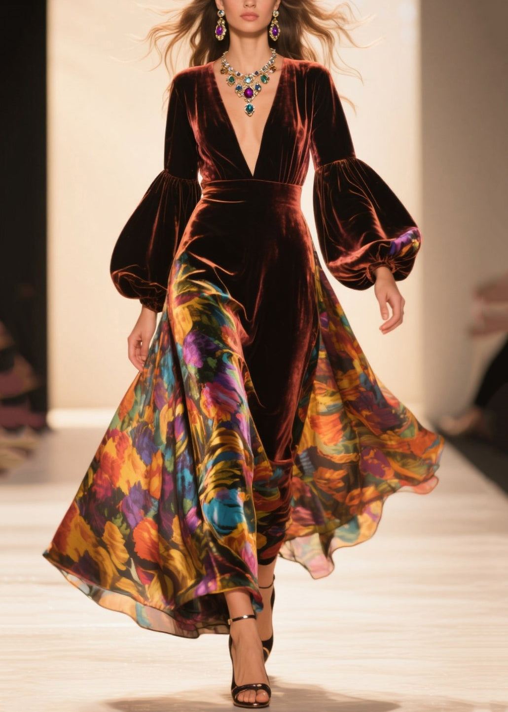 Velvet Floral Bishop Sleeve Deep V-Neck Sheer Panel Maxi Gown - View 3