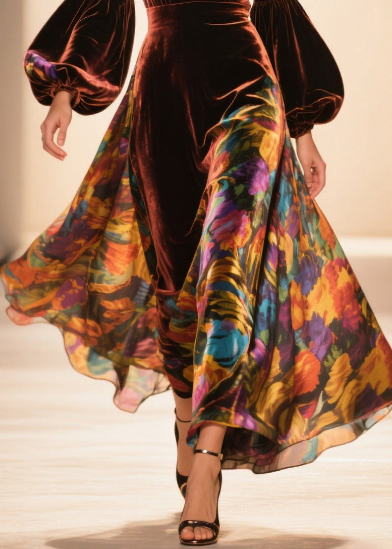 Velvet Floral Bishop Sleeve Deep V-Neck Sheer Panel Maxi Gown - View 4