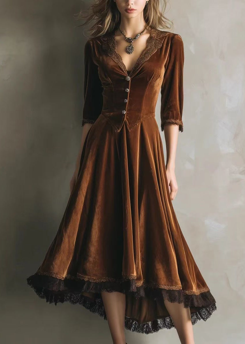 Velvet V-Neck Three Quarter Sleeve Button Front Midi Dress - View 5
