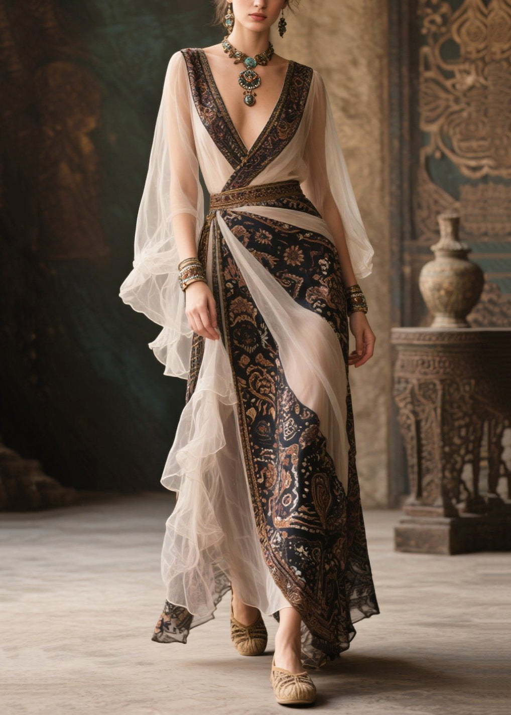 Paisley Print Deep V-Neck Bell Sleeve Tiered Ruffle Wrap Maxi Gown - View 3