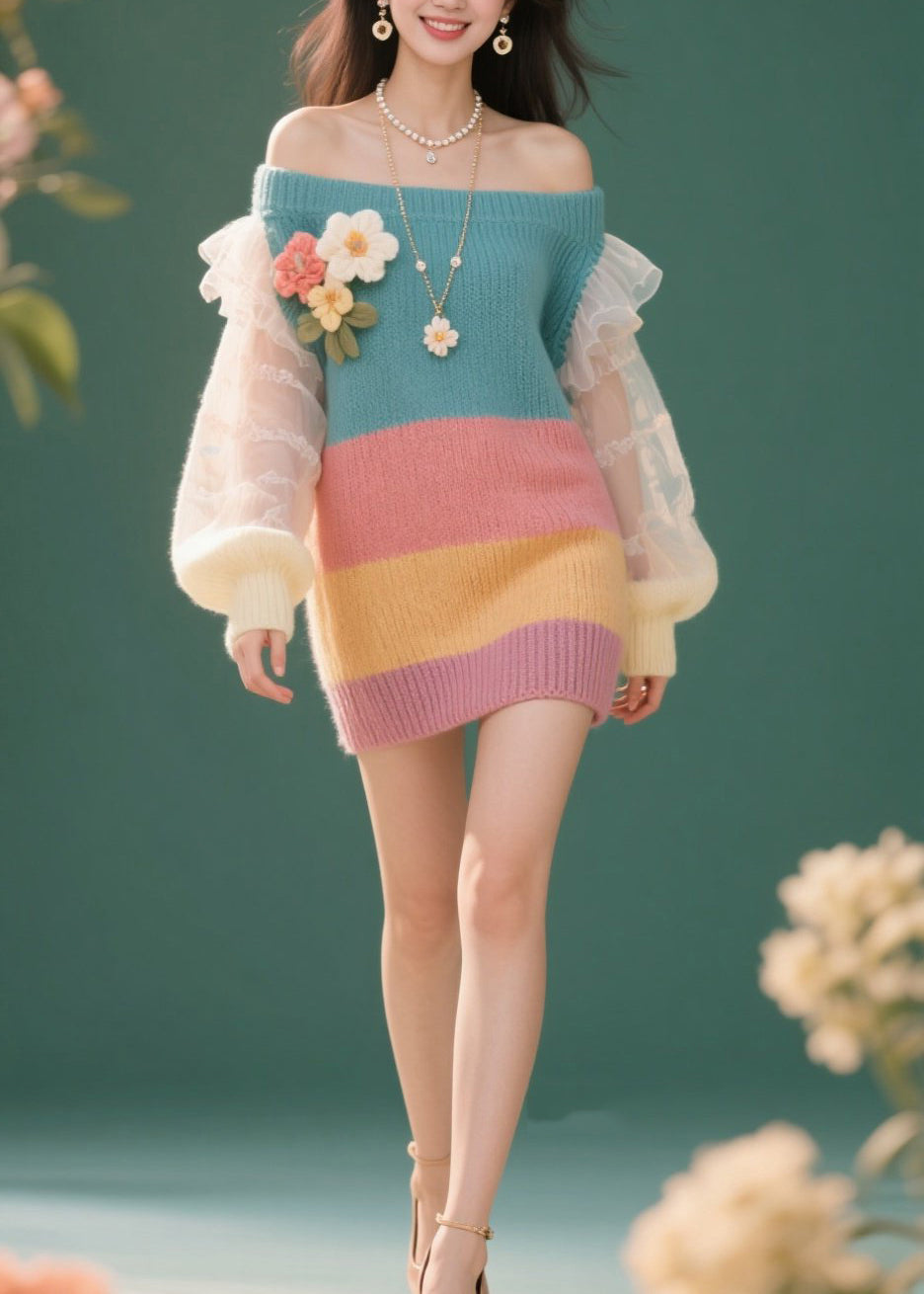 Striped Knit Off Shoulder Tulle Ruffle Sleeve Floral Mini Dress - View 3